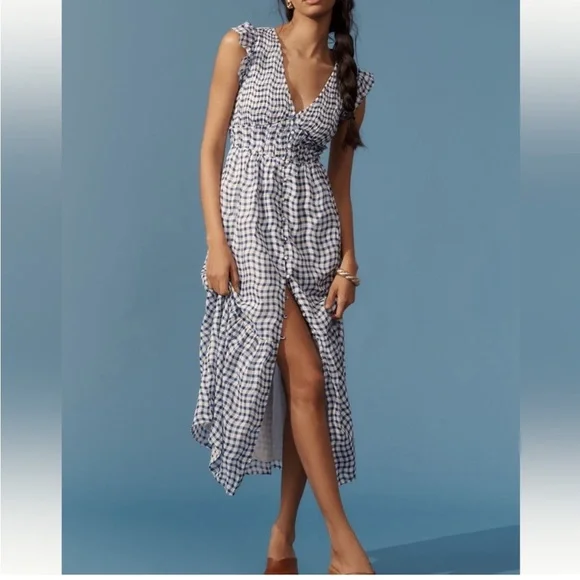 By Anthropologie The Peregrine MIDI Dress in Blue Gingham NWOT - Picture 2 of 8